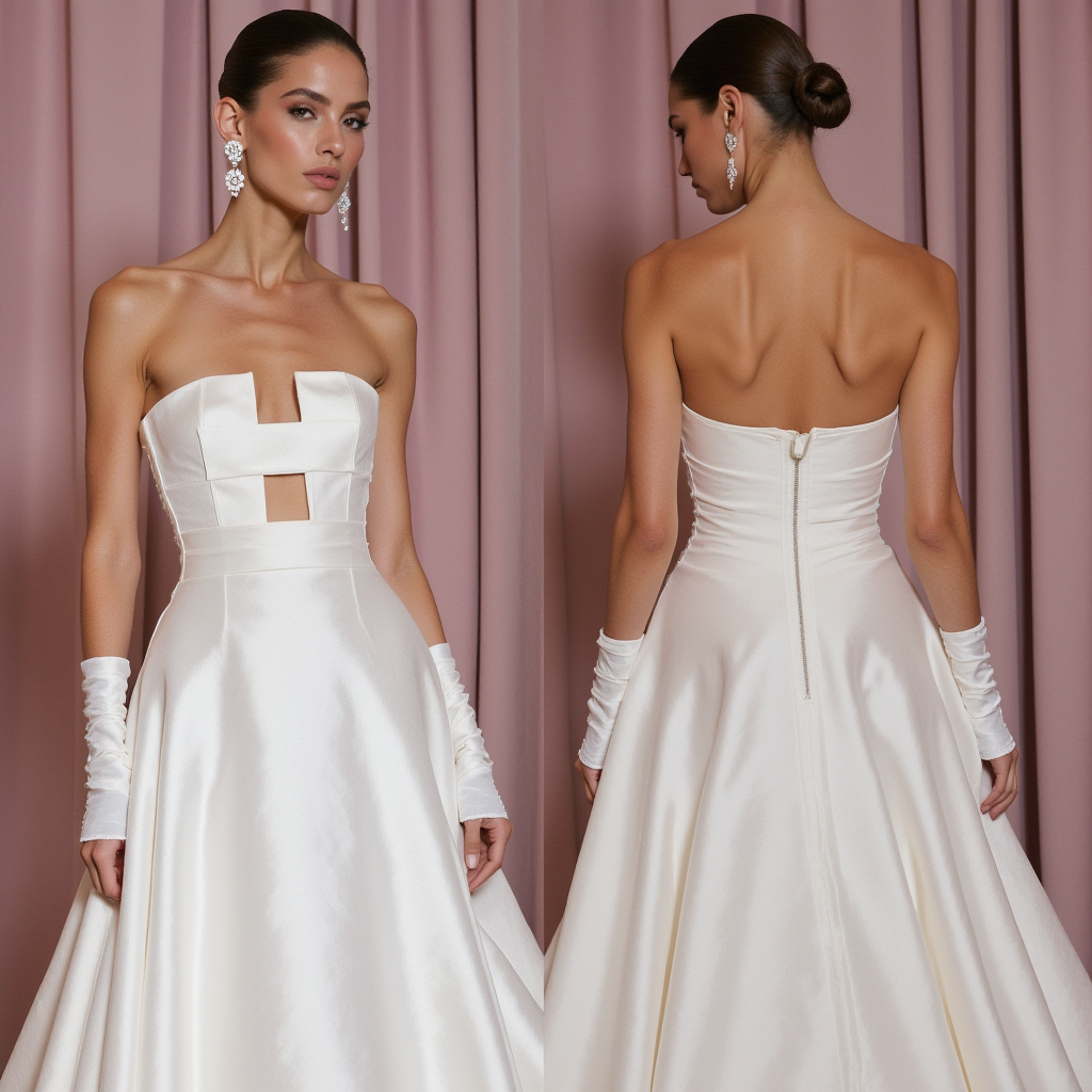 Elegant Strapless Satin Wedding Gown with Modern Cutout Bodice & Gloves