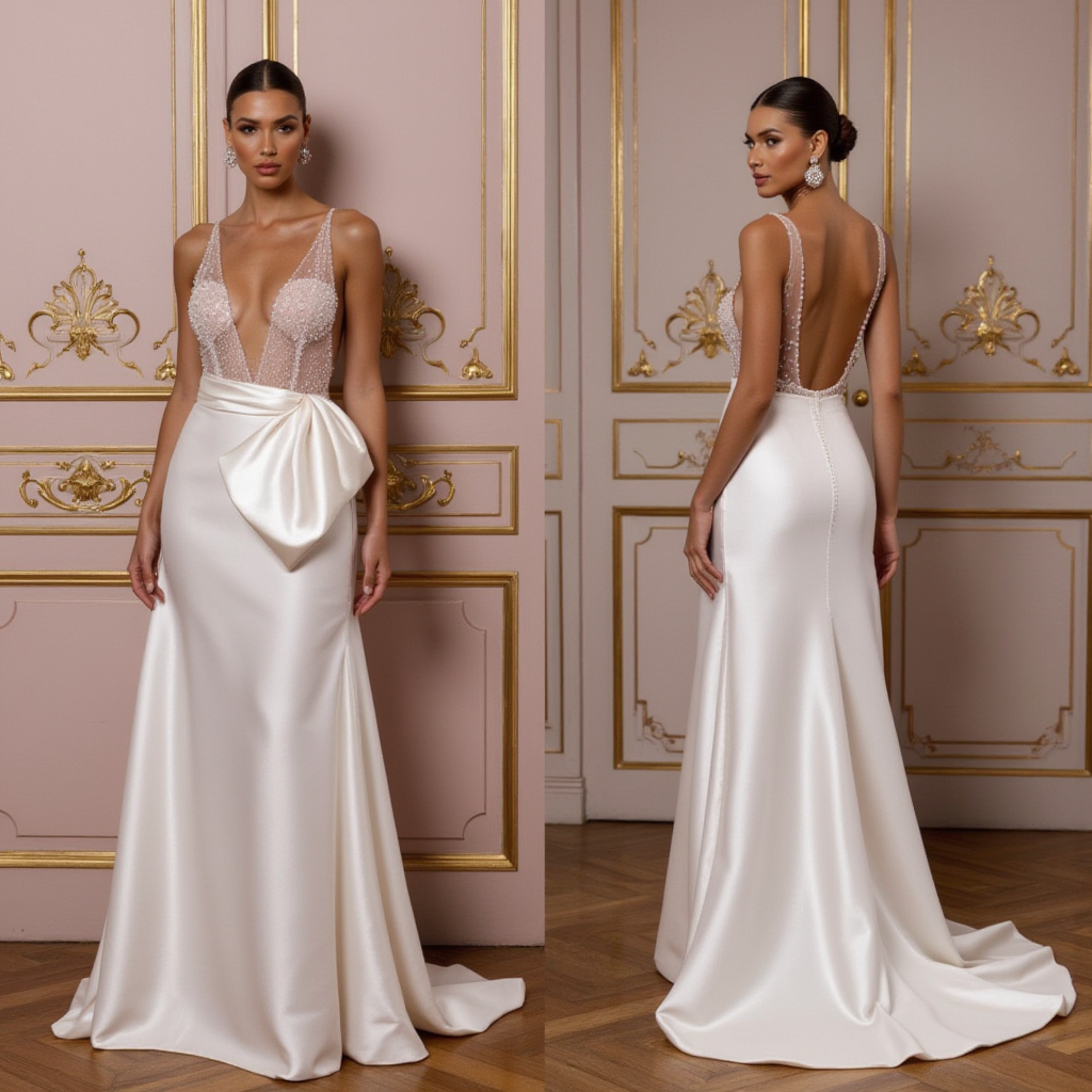 Elegant Satin Wedding Gown with Plunging Illusion Bodice and Statement Bow
