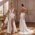 Modern Royalty: Plunging Satin Wedding Gown with High-Slit and Dramatic Bow Detail