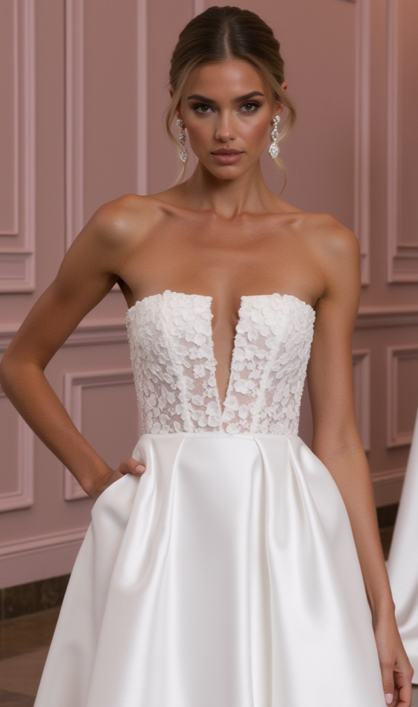 Elegant Strapless Wedding Gown with 3D Floral Bodice and Flowing Satin Skirt
