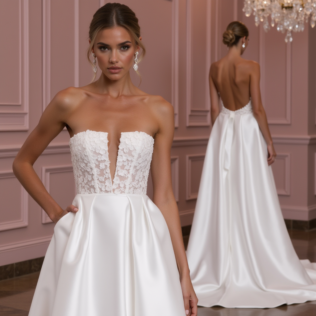 Luxurious Strapless Wedding Dress with Floral Lace Bodice & Flowing Satin Skirt