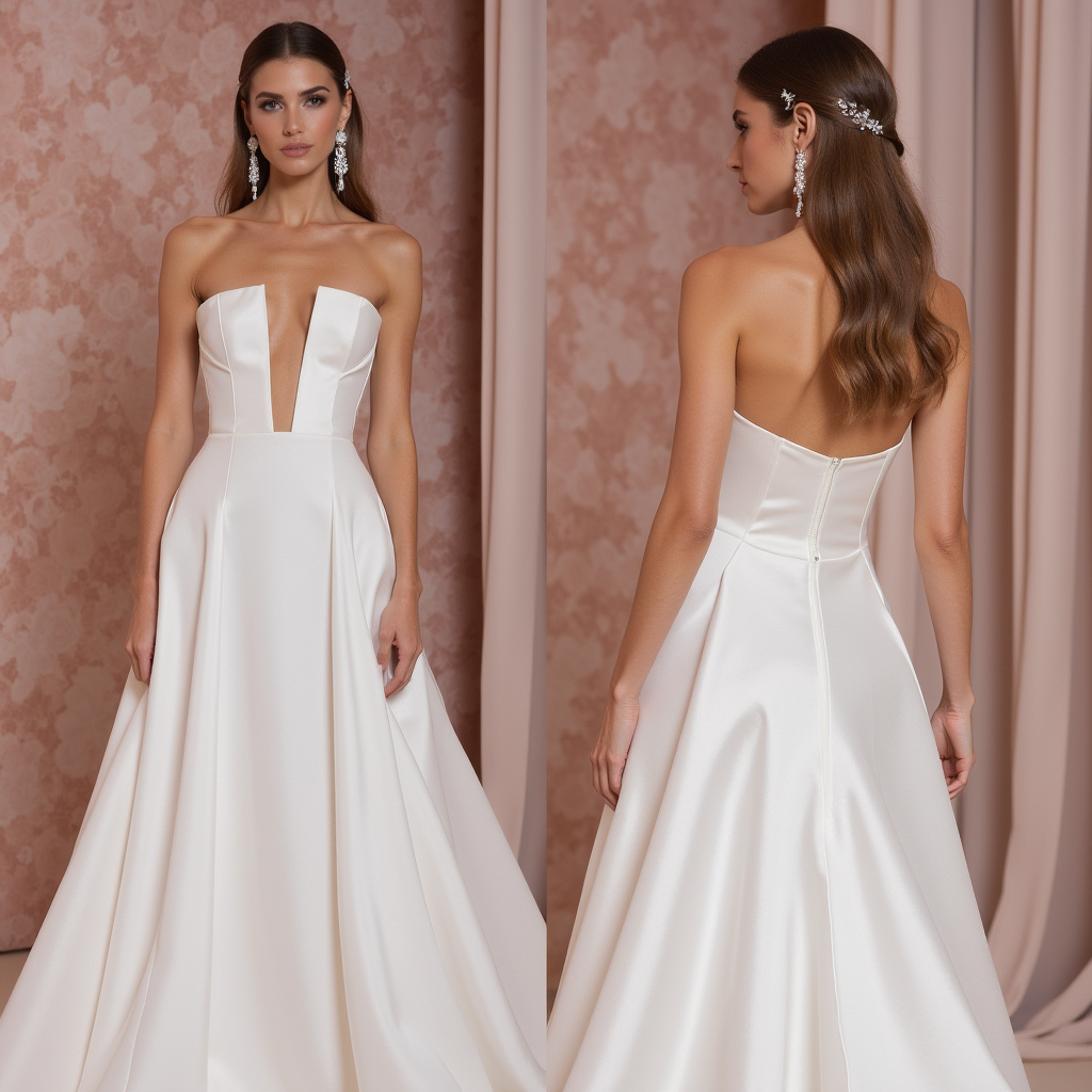 Modern Strapless A-Line Wedding Dress with Deep Plunge and Structured Bodice