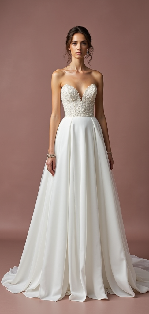 Strapless A-Line Wedding Dress with Beaded Bodice and Flowing Skirt