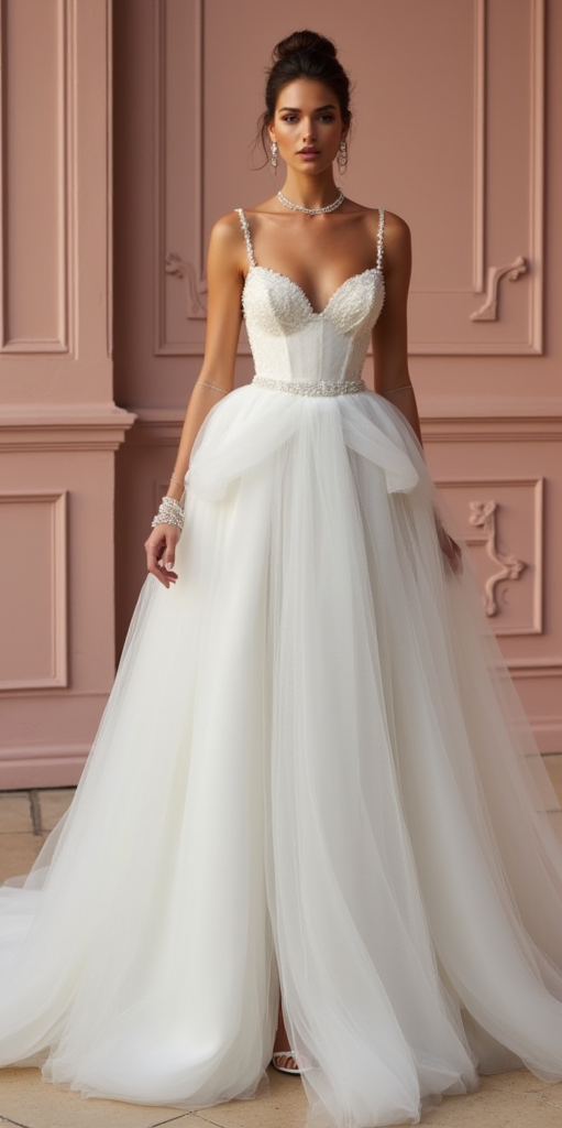 Luxury Tulle Wedding Dress with Beaded Straps and Sweetheart Corset Bodice