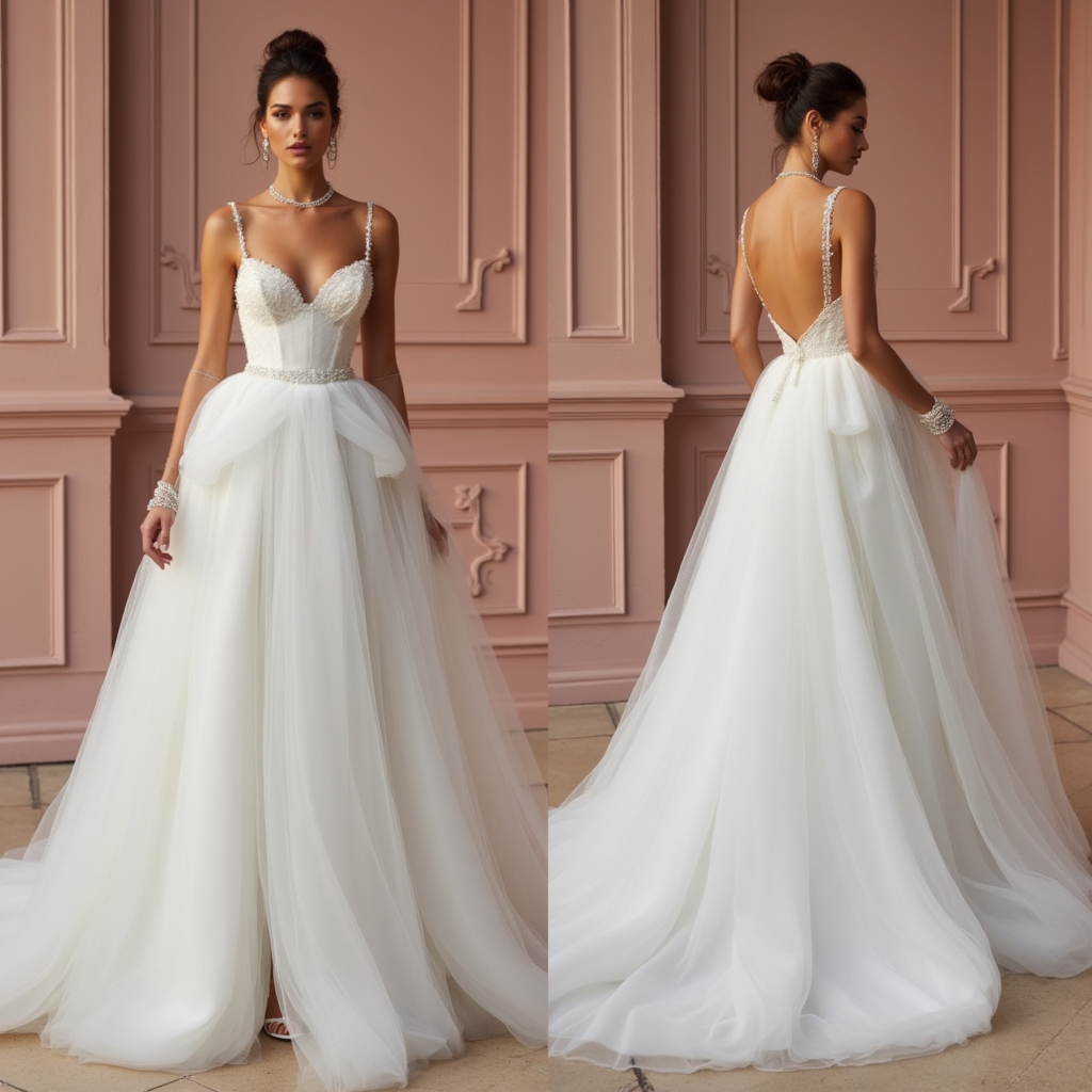 Luxury Tulle Wedding Dress with Beaded Straps and Sweetheart Corset Bodice