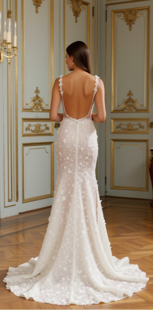 Ethereal 3D Floral Appliqué Wedding Dress with Sheer Bodice and Open Back