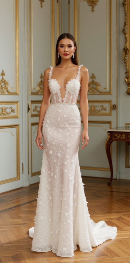 Elegant 3D Floral Lace Wedding Dress with Deep V-Neck & Open Back