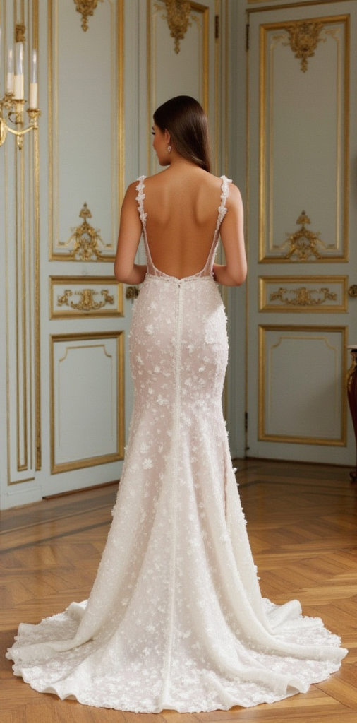 Elegant 3D Floral Lace Wedding Dress with Deep V-Neck & Open Back