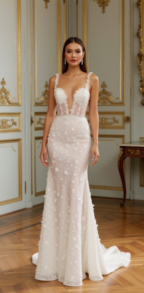 Elegant Floral Appliqué Wedding Gown with Deep Illusion Neckline and Open Back