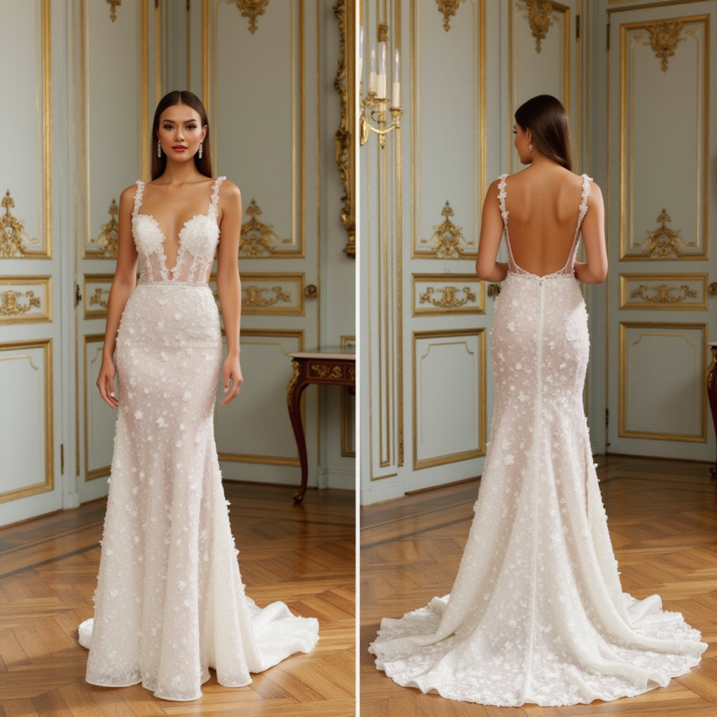 Elegant Floral Appliqué Wedding Gown with Deep Illusion Neckline and Open Back