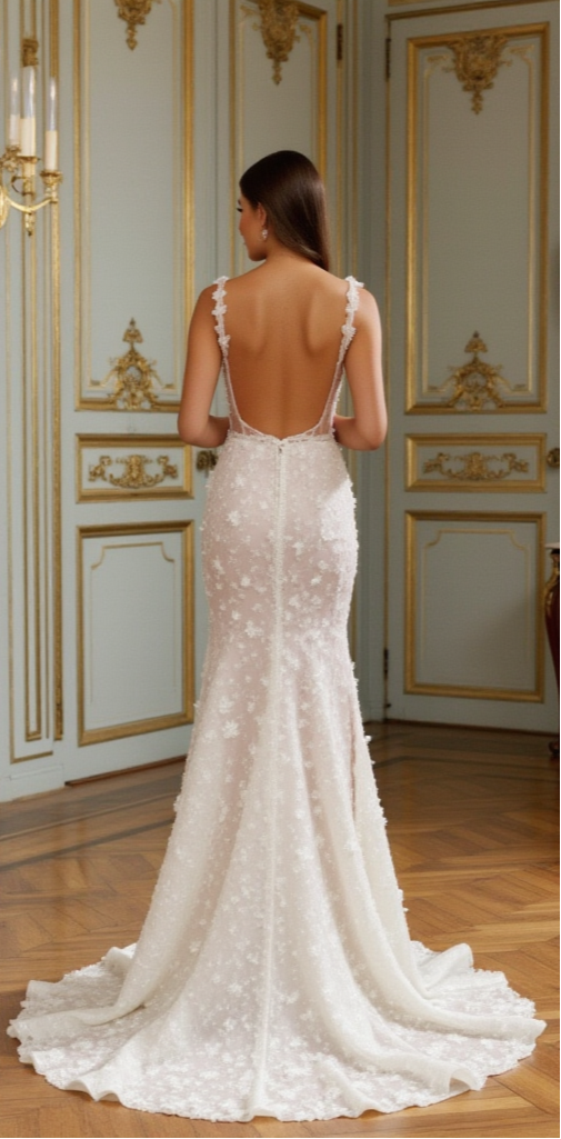 Elegant Floral Appliqué Wedding Gown with Deep Illusion Neckline and Open Back